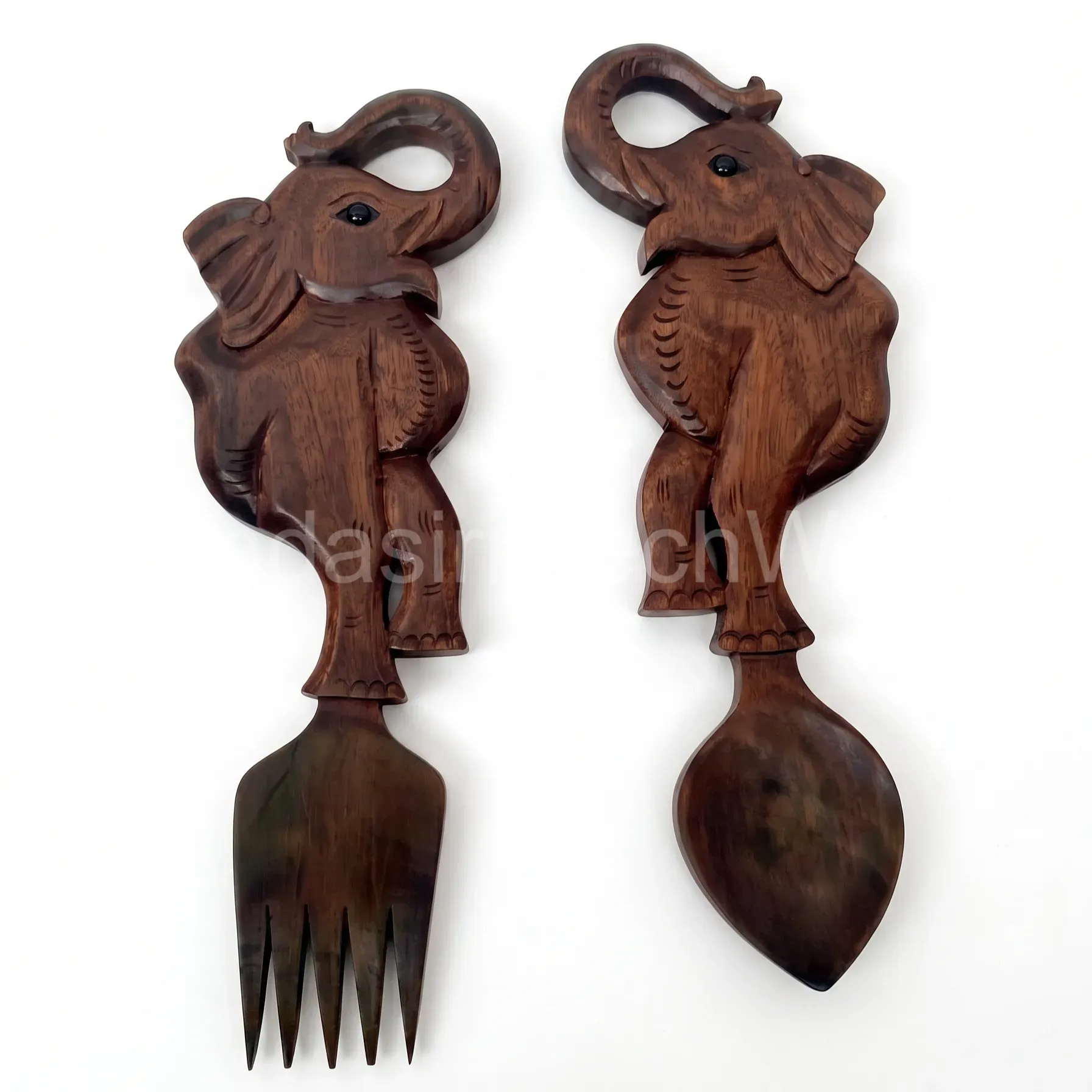 Hand-Carved Elephant Wooden Spoon & Fork Set