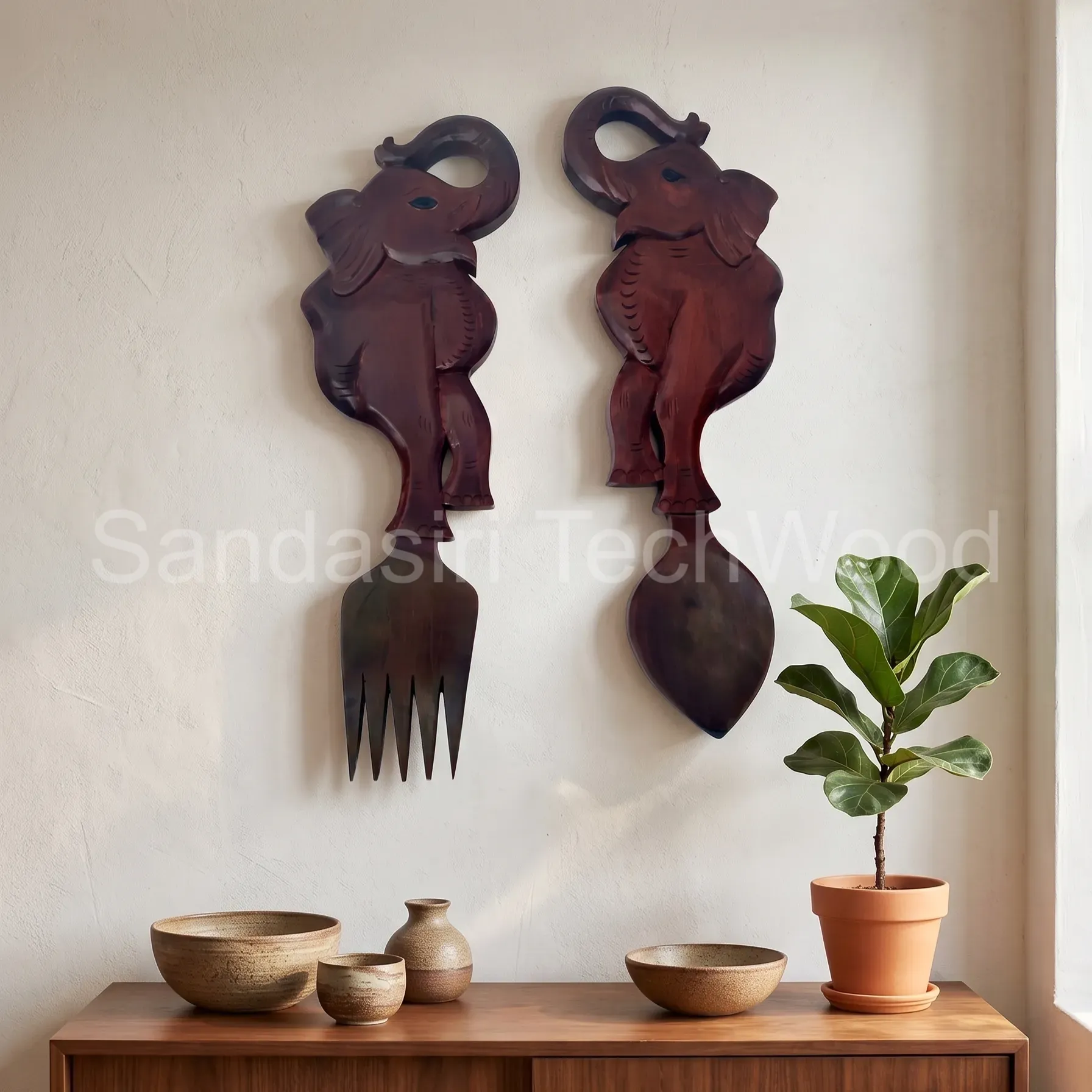 Hand-Carved Elephant Wooden Spoon & Fork Set view 2