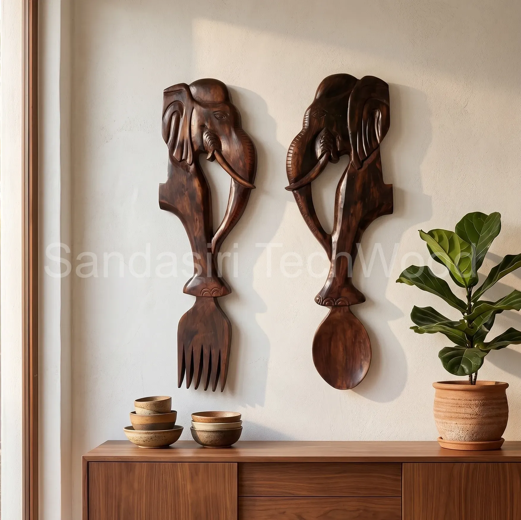 Tusked Elephant Wooden Spoon & Fork Wall Art view 3